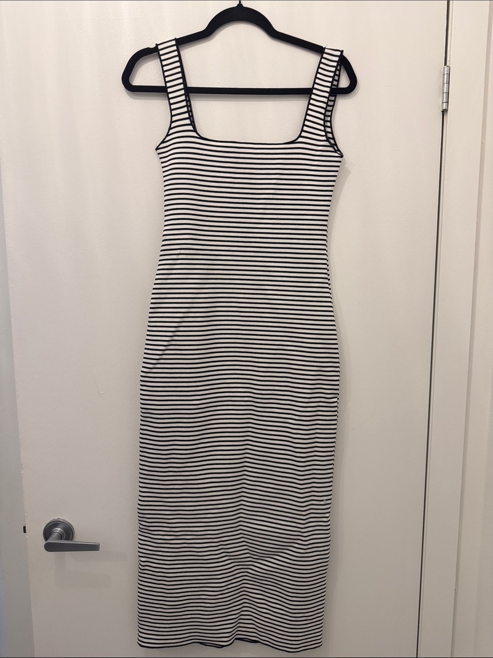 Zara Black and White Striped Square-Neck Midi Dress